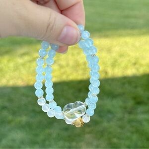 GB12 Handmade Aqua Marine Clear Quartz Cat Double Layer Stretchable Bracelet